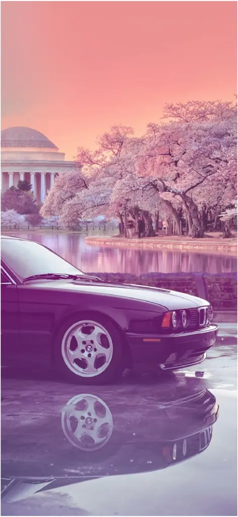 aesthetischer bmw am see mit kirschblueten