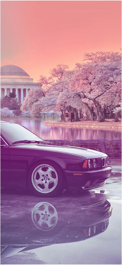 aesthetischer-bmw-am-see-mit-kirschblueten