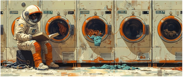 astronaut im waescheladen buch lesen illustration