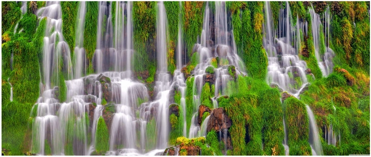 beeindruckender wasserfall mit gruenem gras und lebendiger natur