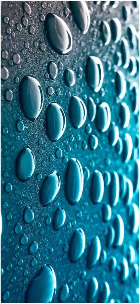 blaue wassertropfen auf glaenzender oberflaeche