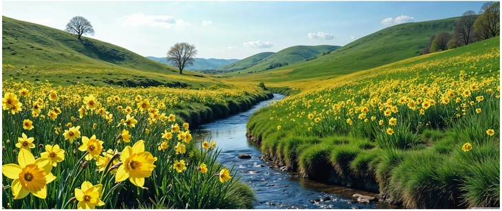 bluehende narzissenlandschaft mit fluss