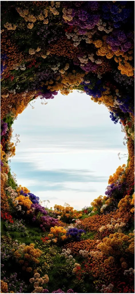 bluehender blumenbogen mit aussicht auf den himmel