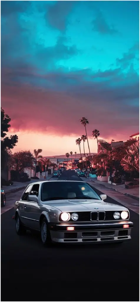 bmw in einer aesthetisch ansprechenden umgebung mit palmensilhouetten