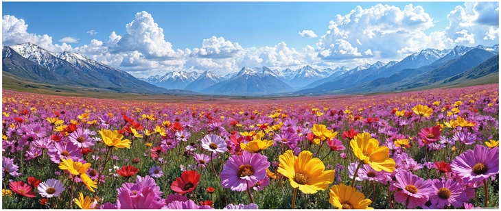 bunte blumenfelder in berglandschaft mit himmel