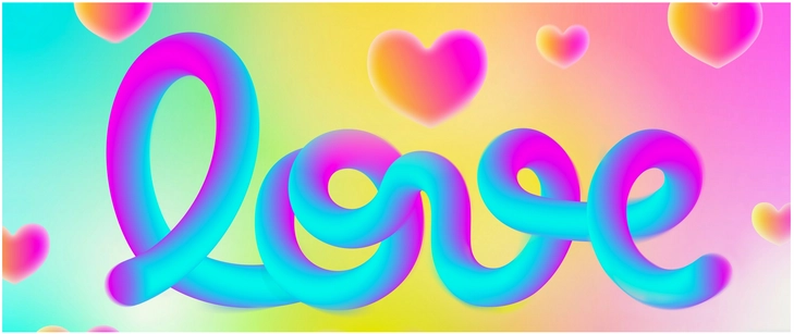 bunte digitale grafik mit dem wort liebe und herzen