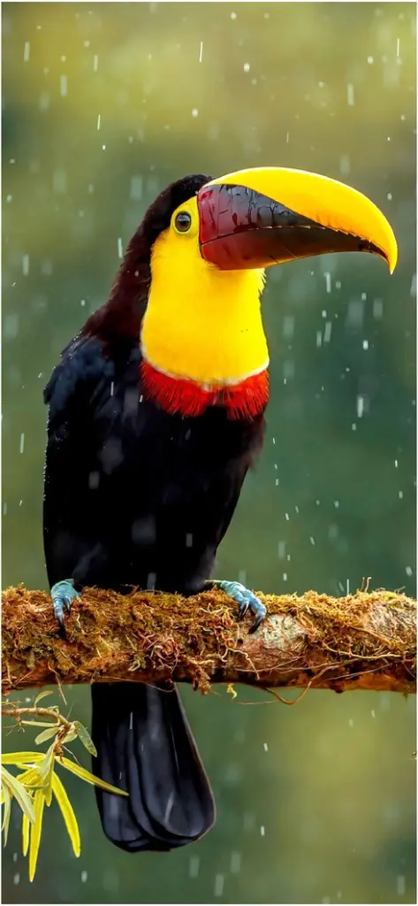 bunter tukan auf einem baumast im regen