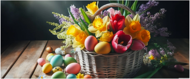 buntes osternest mit blumen und eiern