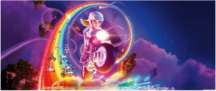 buntes rennspiel mit motorradfahrer und regenbogen