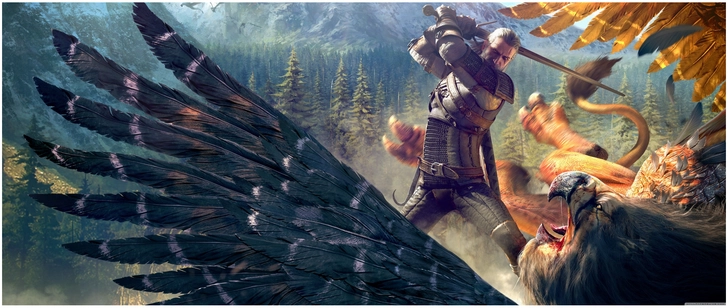 digitale grafik geralt und einem griffin im kampf