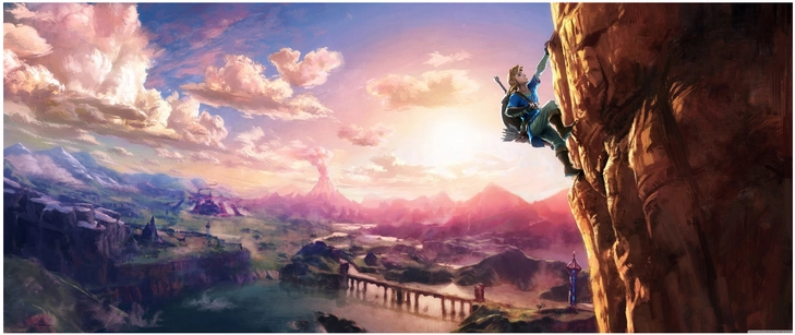 digitale grafik kletternde figur fantastische landschaft bei sonnenuntergang