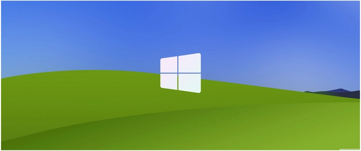 digitale grafik mit windows logo und gruenen huegeln