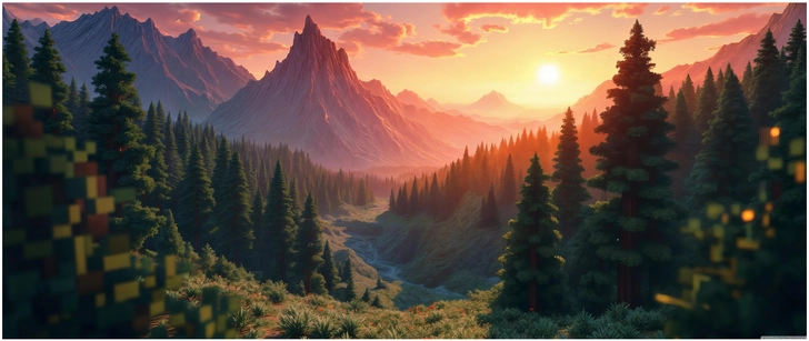 digitale landschaft mit maerchenhaften bergen und sonnenuntergang
