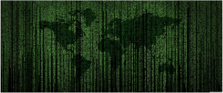 digitale weltkarte aus gruenen matrix zahlen