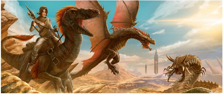 drachenreiten in fantastischer landschaft digitale grafik