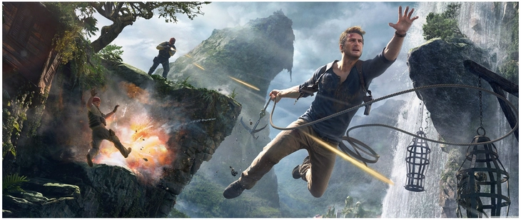 dramatischer moment im action adventure spiel mit atemberaubender landschaft