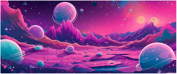 fantasievolle weltraumlandschaft mit leuchtenden planeten und bergen