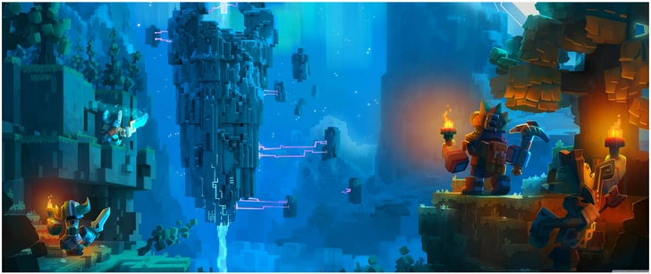 fantastische digitale grafik mit helden und robotern in einer mystischen landschaft