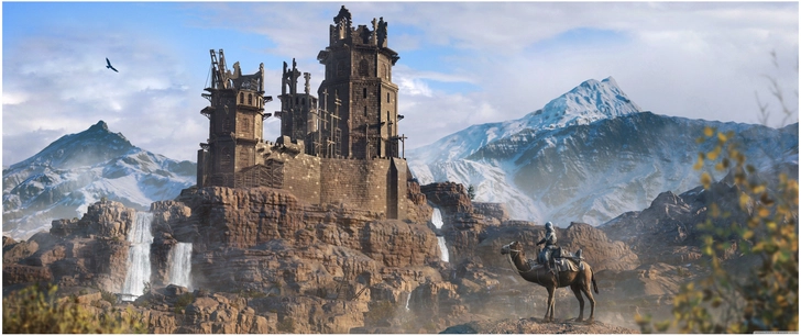 fantastische landschaft mit verfallener burg und reiter