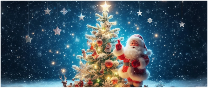 festliche weihnachtsstimmung mit tanne und weihnachtsmann
