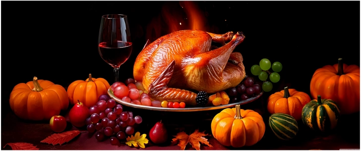 festlicher truthahn herbstfruechte und rotwein