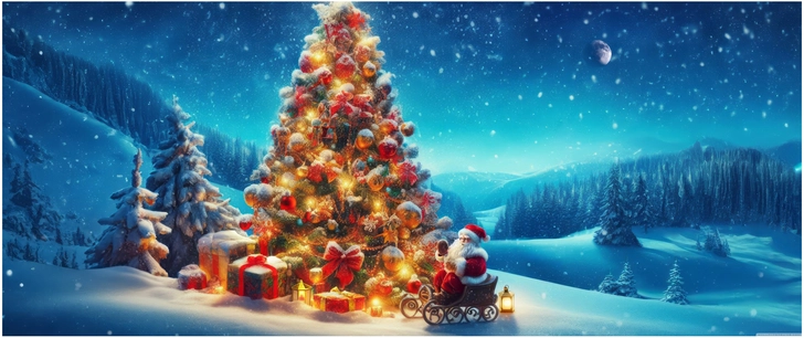 festlicher weihnachtsbaum winterwald mit geschenken und santa claus