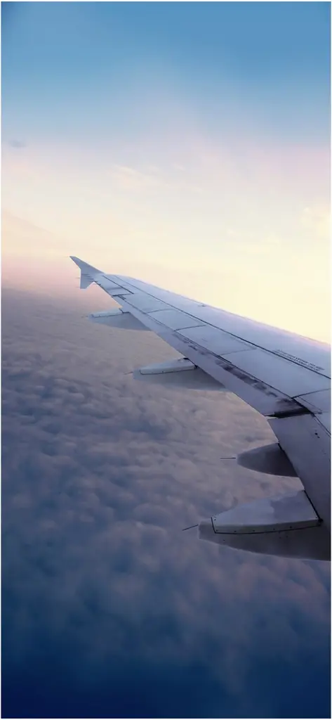 flugzeugfluegel ueber wolken im sanften himmel