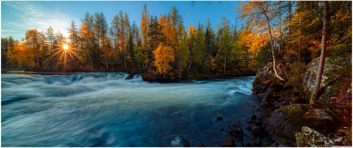 flusslandschaft im herbst mit goldenen baeumen und sonnenstrahlen