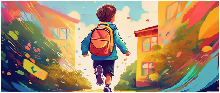 froehlicher junge mit rucksack auf dem weg zur schule