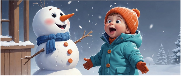 froehlicher junge und schneemann in winterlandschaft