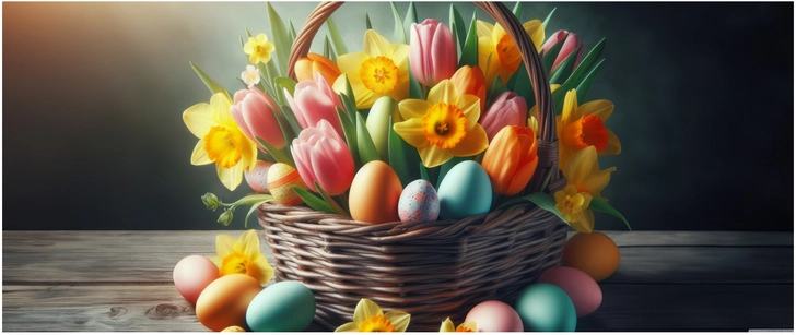 froehlicher ostern korb mit blumen eiern