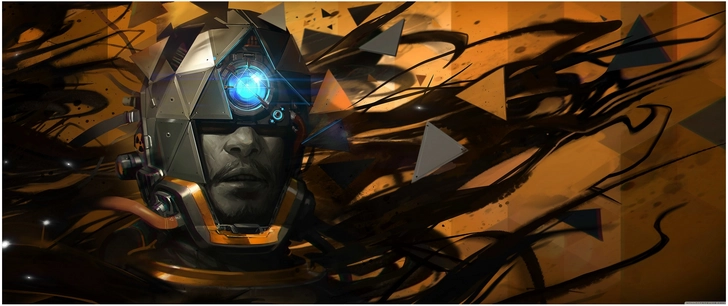 futuristische digitale grafik mit humanoidem charakter und geometrischen elementen