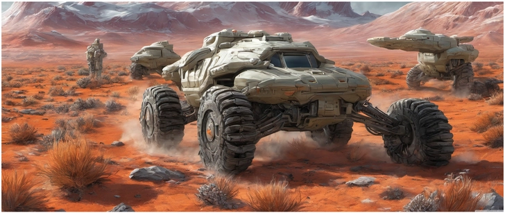 futuristische fahrzeugflotte in roter wuestenlandschaft