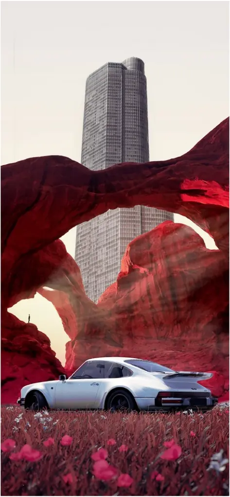 futuristische landschaft mit hochhaus und auto