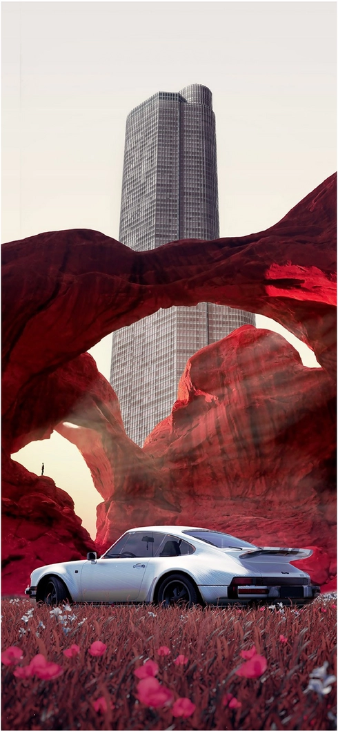 futuristische-landschaft-mit-hochhaus-und-auto