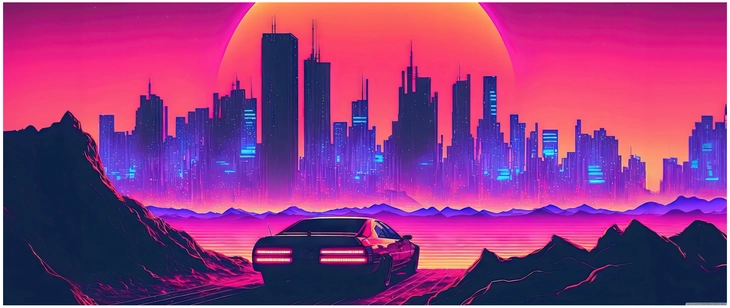futuristische stadt mit auto im sonnenuntergang
