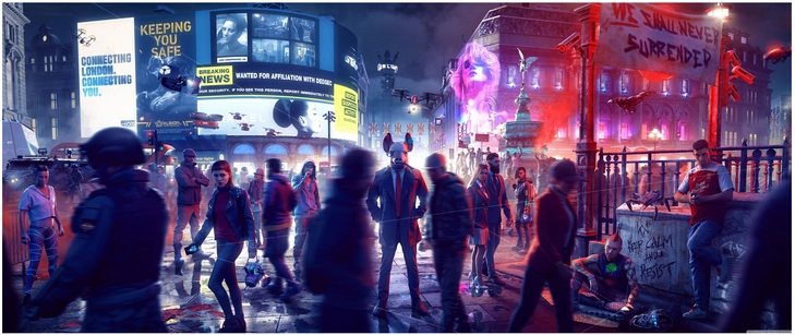futuristische stadt mit demonstrationen und ueberwachung