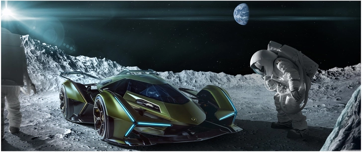 futuristisches fahrzeug auf dem mond in digitaler grafik