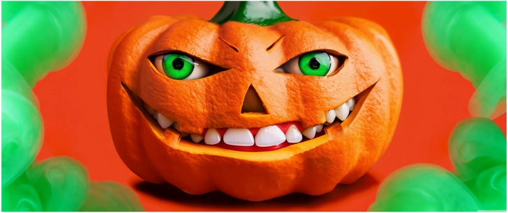 grinsender kuerbis mit gruenen augen halloween atmosphaere