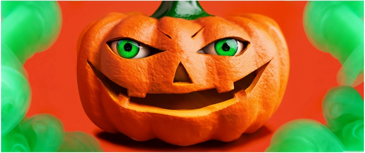 gruseliger halloween kuerbis mit gruenen augen und rauch