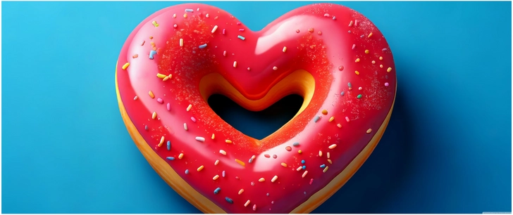 herzfoermiger donut mit roter glasur und bunten streuseln
