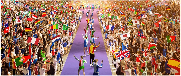 internationale feier mit nationalflaggen bei sportevent