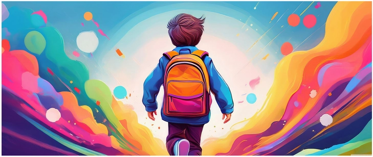 junge mit rucksack in bunter traumlandschaft