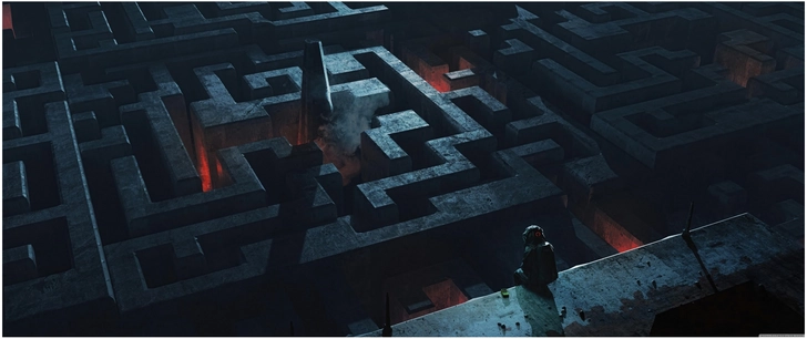 komplexes labyrinth mit obelisk in digitaler grafik