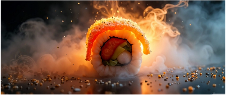 kreative sushi darstellung mit rauch und lichteffekten