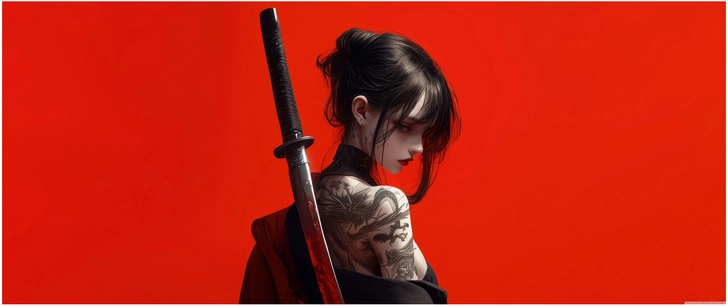 kuenstlerische darstellung einer samurai frau mit schwert