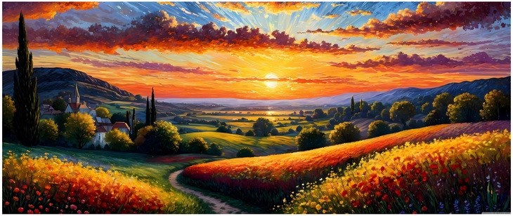 lebendige landschaft mit sonnenuntergang und bluehenden feldern