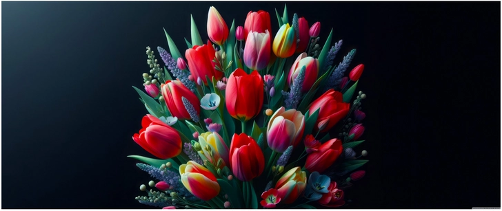 lebendiges blumenarrangement mit tulpen dunkler hintergrund