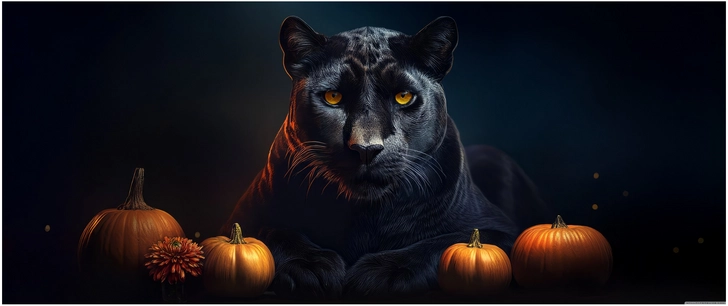 majestatischer schwarzer panther herbstliche kuerbisse zwischen sitzen
