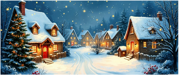 malerische winterlandschaft mit schneebedeckten haeusern und tannenbaeumen